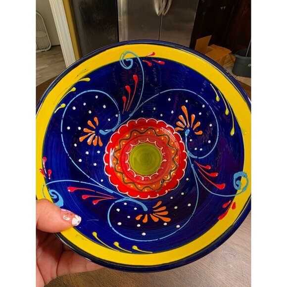 Hand-Painted Ceramic Bowl From Spain With Vibrant Blue Orange & Yellow Patterns - Picture 16 of 16